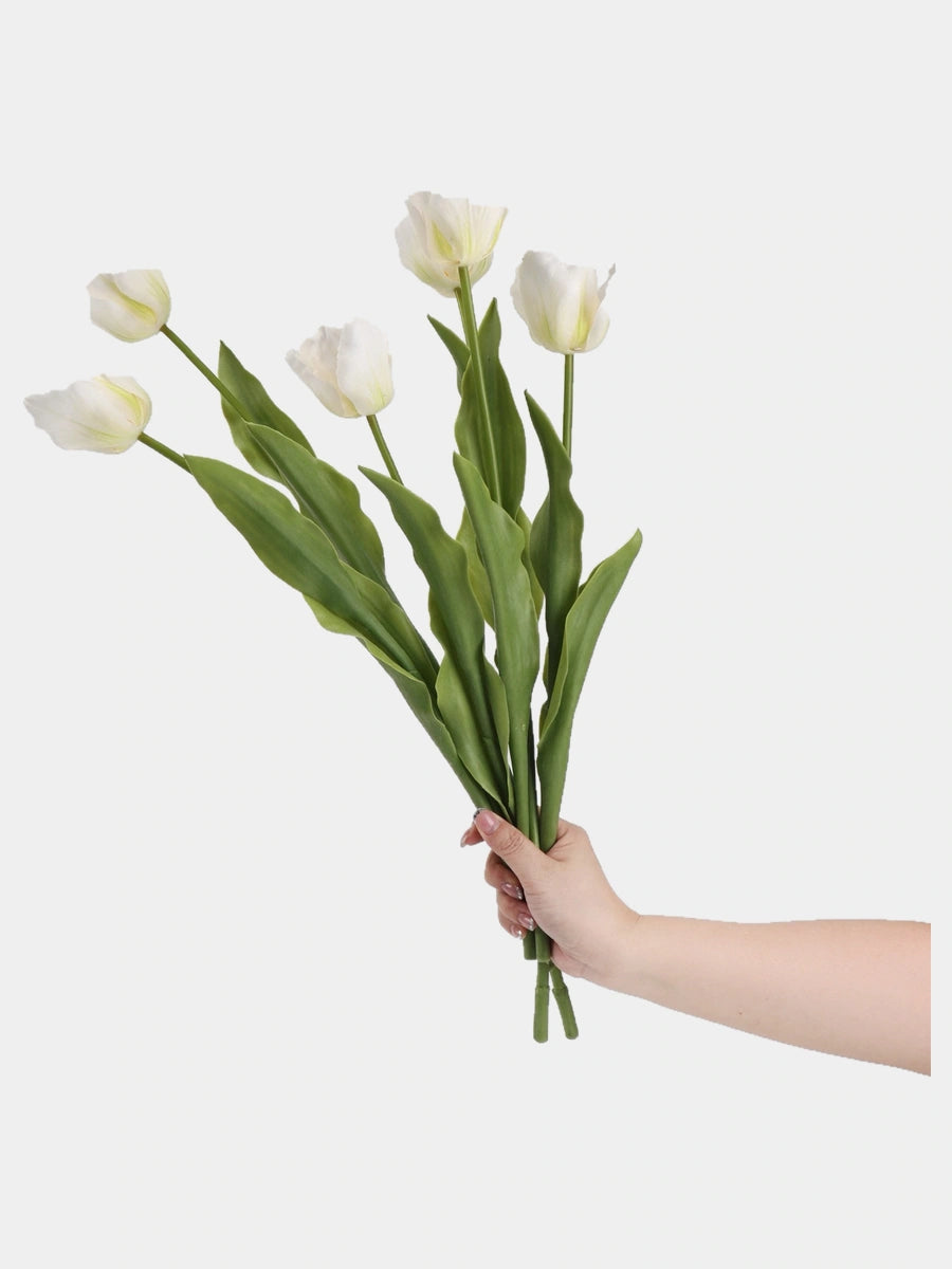 White large Real Touch Armani tulip stems held in a hand