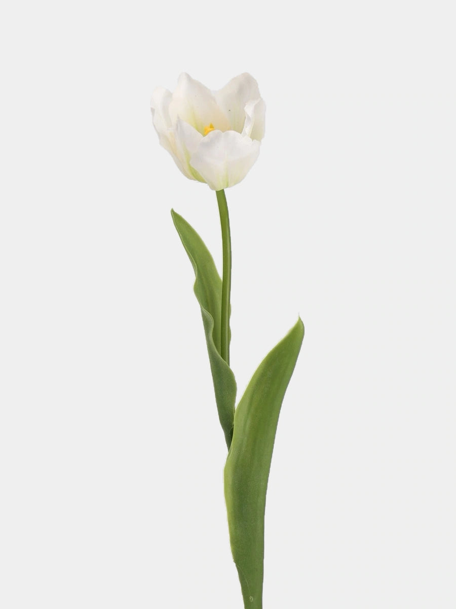 White large artificial Armani tulip stem with a flared bloom and green leaves, 48 cm tall