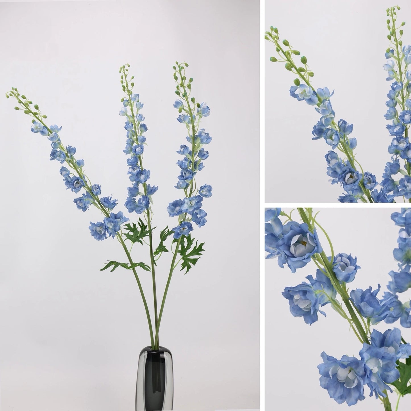 Blue Real Touch artificial delphinium stems in vase