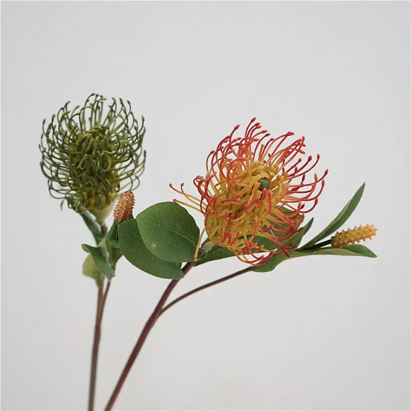 Green and coral faux foxtail pincushion flower stems