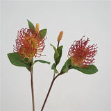 Red faux foxtail pincushion flower stems, side view