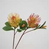 Yellow and coral faux foxtail pincushion flower stems