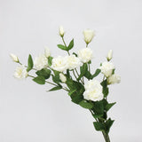 White Real Touch lisianthus stems with ruffled flowers, buds and green leaves