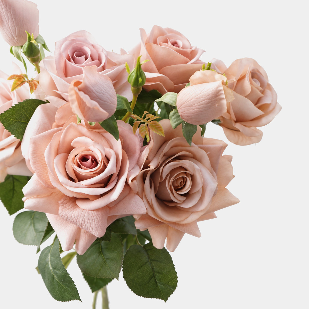 Close-up of layered petals and rosebuds on a group of Real Touch artificial rose stems