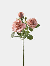 Dusty pink Real Touch artificial rose stem, 77 cm tall, with two open blooms, a rosebud and green leaves
