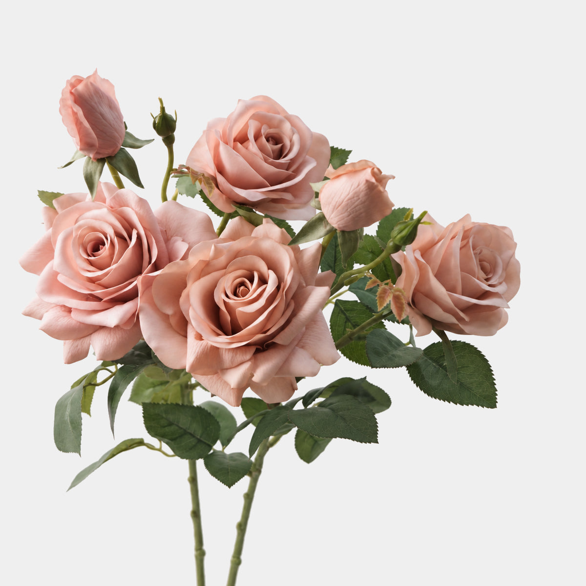 Neutral-toned Real Touch artificial rose stems styled together with open flowers and rosebuds